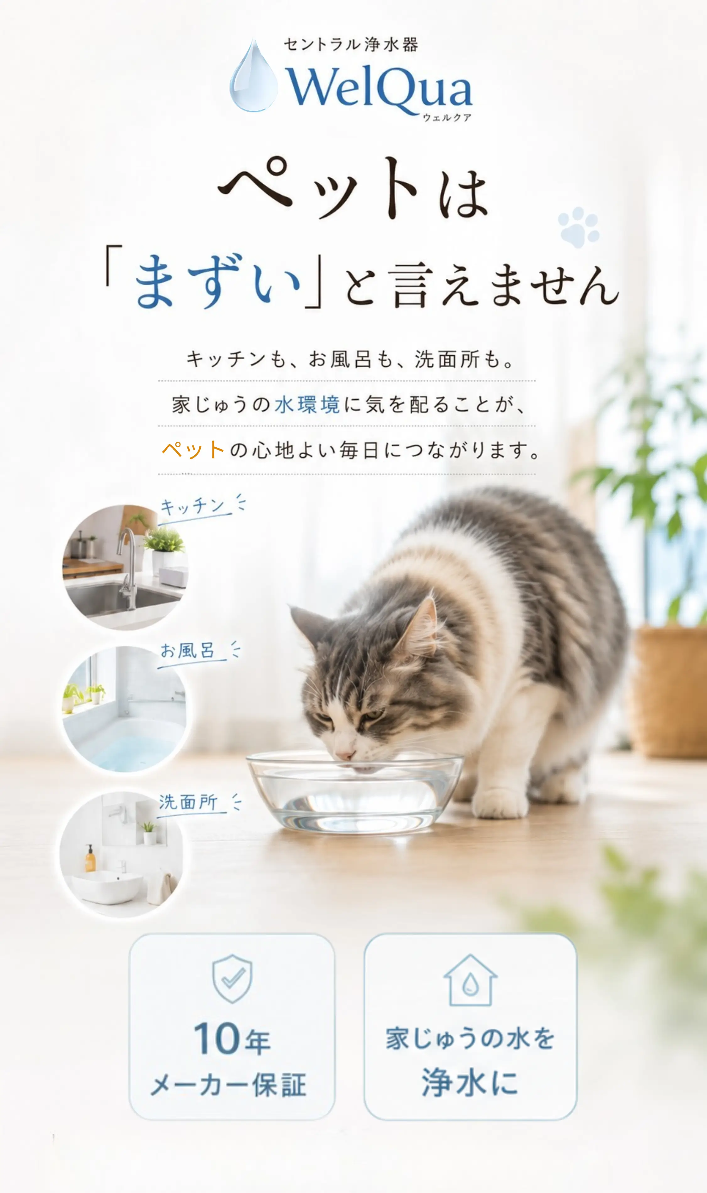 デリケートな肌に触れるお湯だから、塩素を抜く。セントラル浄水器 残留塩素を最大80％除去 水道メーターに1台、家じゅうまるごと浄水 10年メーカー保証